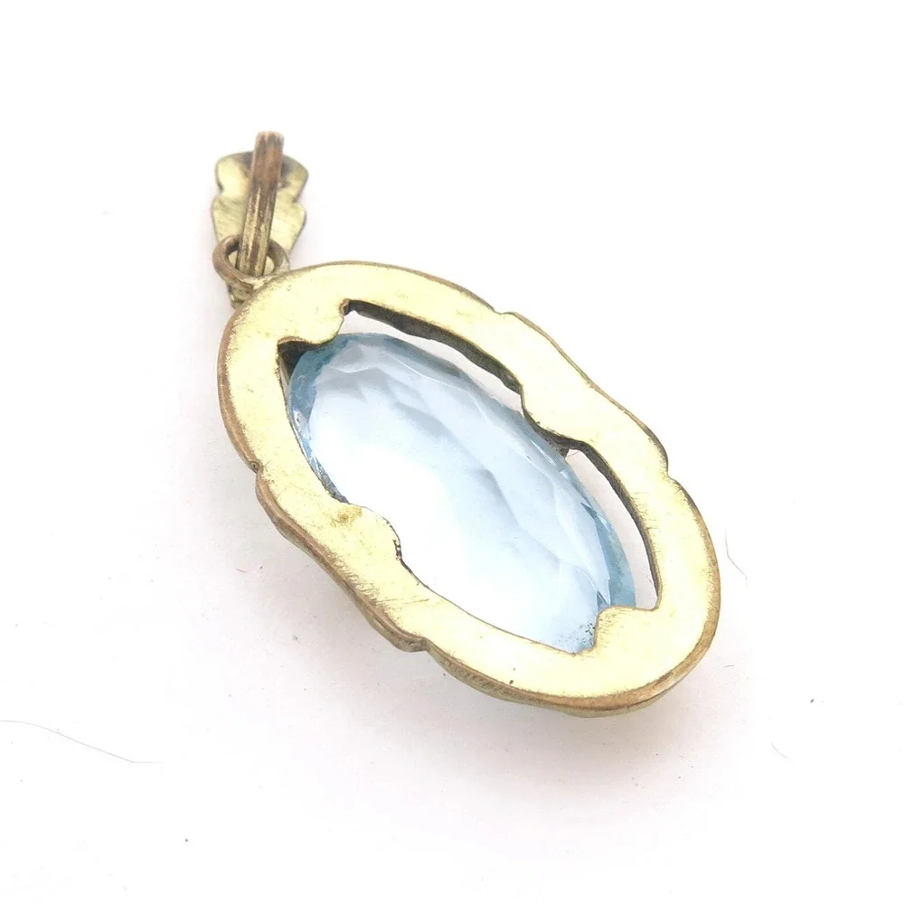 Stunning Vintage Old Art Deco Unfoiled Blue Glass Stone‎ Rhinestone Gold Pendant
